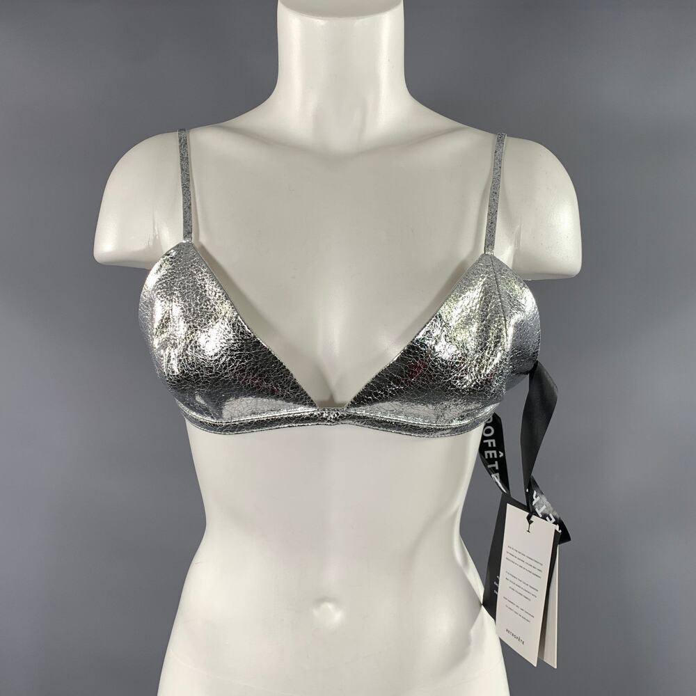 RETROFETE Size M Silver Leather Metallic Bralette Casual Top